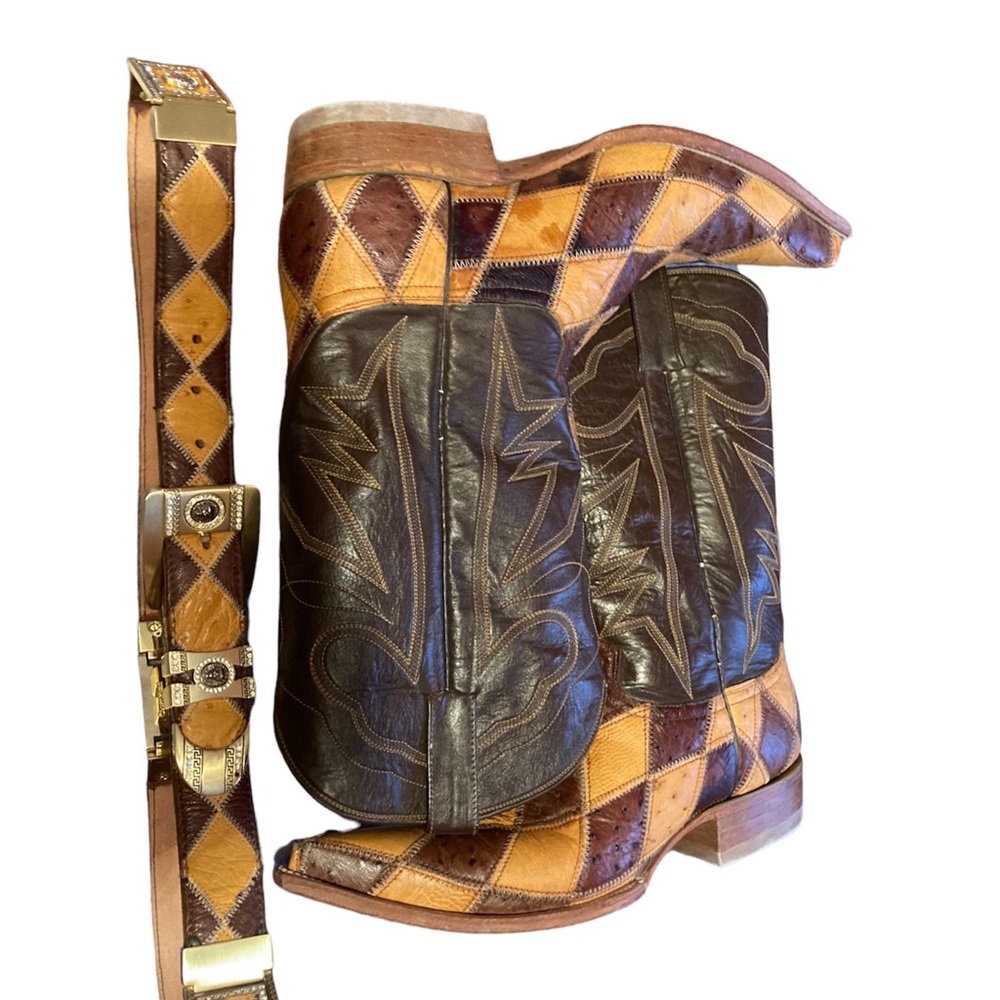 Mens Tan/Cognac Rhombus Patchwork Pointed Toe Western Boots With Matching Belt
